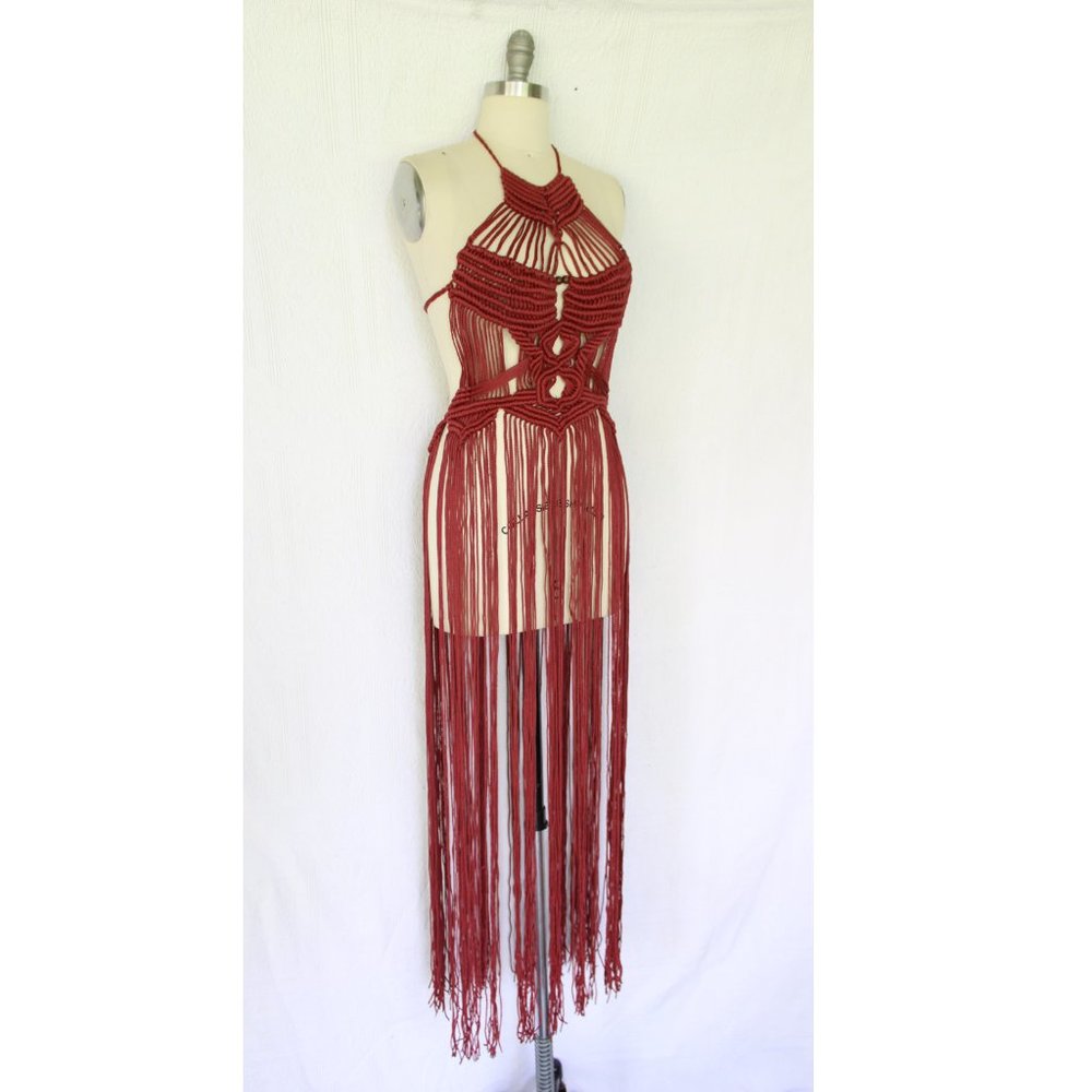 Vintage 60s hippie MACRAME crochet halter tunic dress fringe beaded Free People - Picture 7 of 11